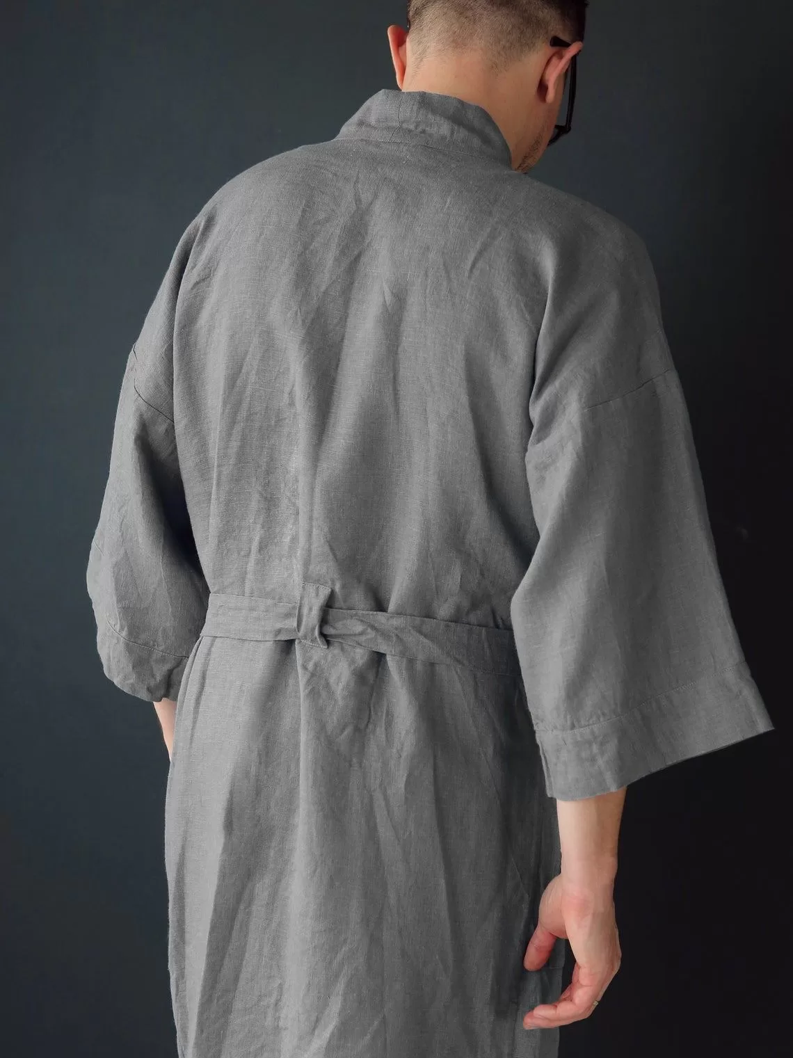 MDNT45 Black Men's Kimono Robe, Loungewear Jacket, Japanese Kimono Men, Mens Linen Shirt, Plus Size Kimono Cardigan, Homewear Linen Clothing, A0344