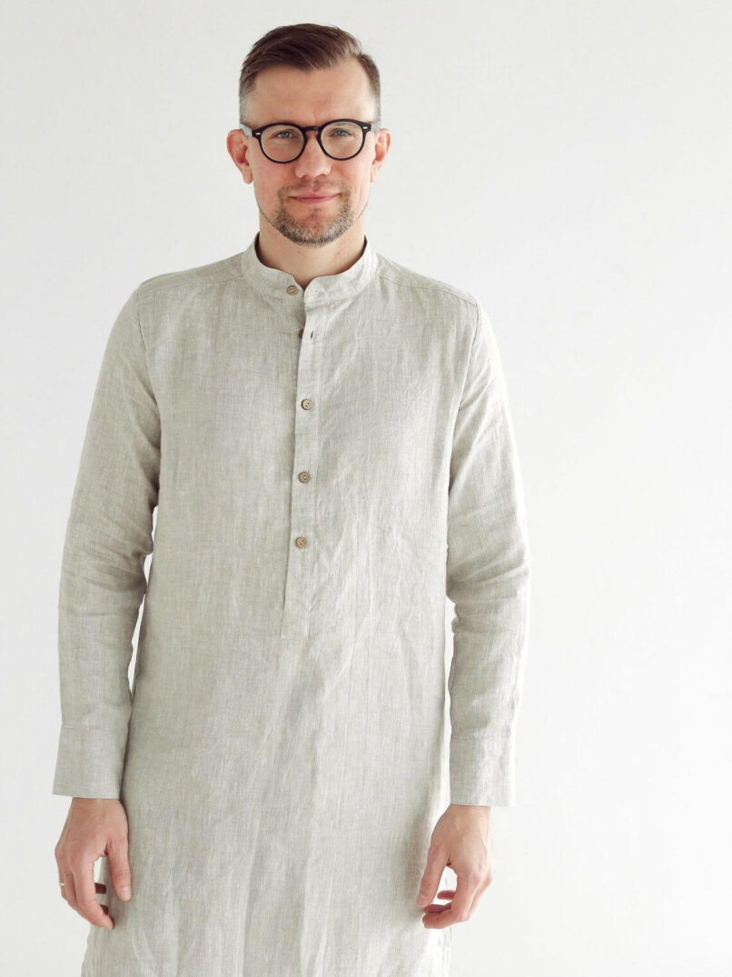 Men’s Long Linen Shirt, Kaftan - Black Ficus Linen Clothing