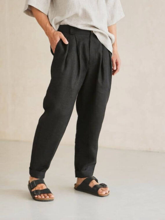 Loose Pleated Pants - Black Ficus Linen Clothing