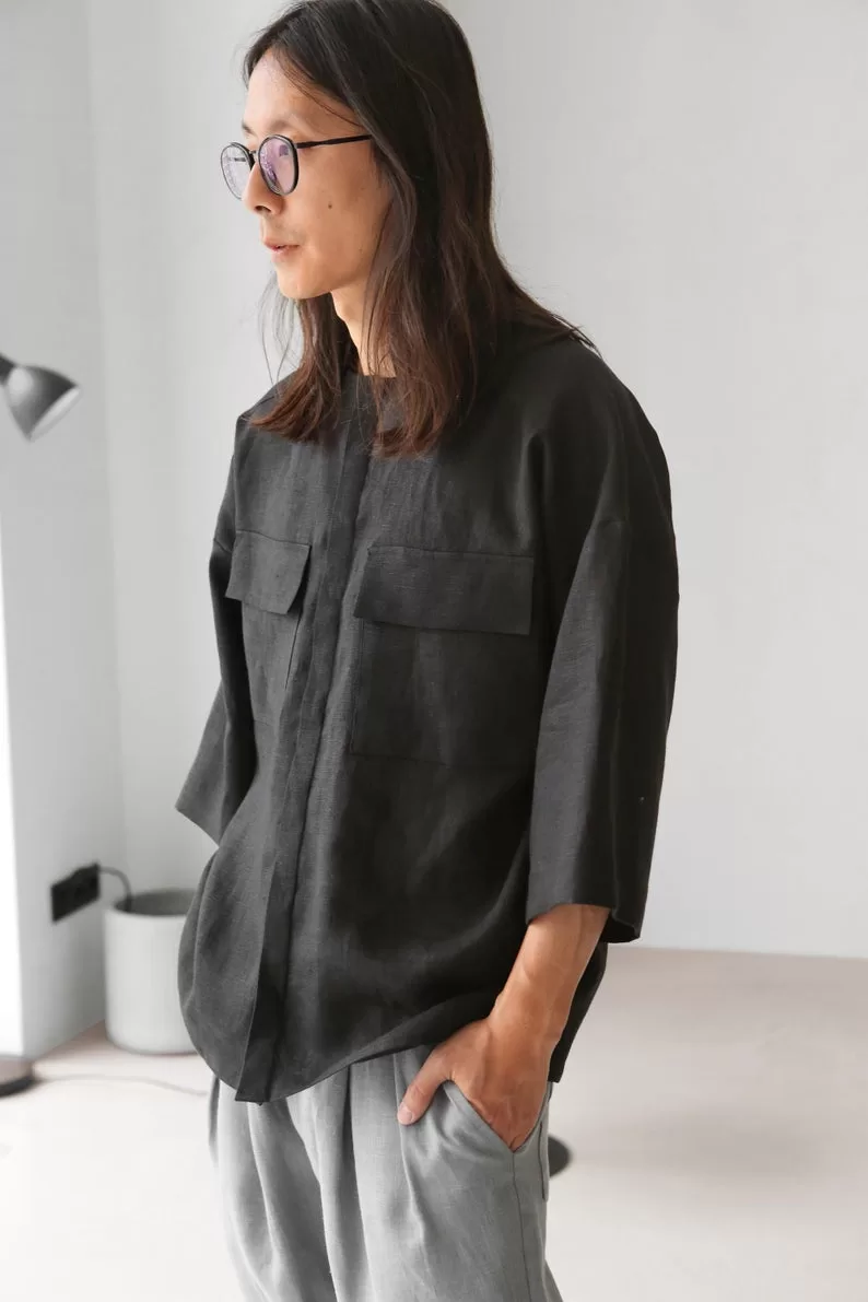 Men's oversized linen sweatshirt with wide sleeves - Black Ficus Linen  Clothing