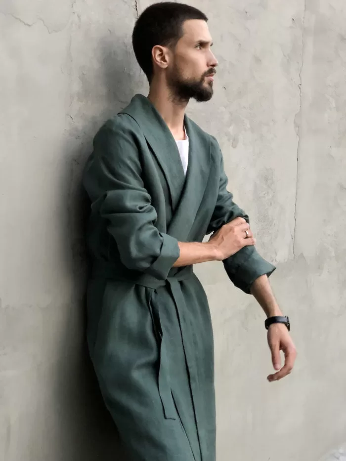 Men's linen bathrobe - Black Ficus Linen Clothing