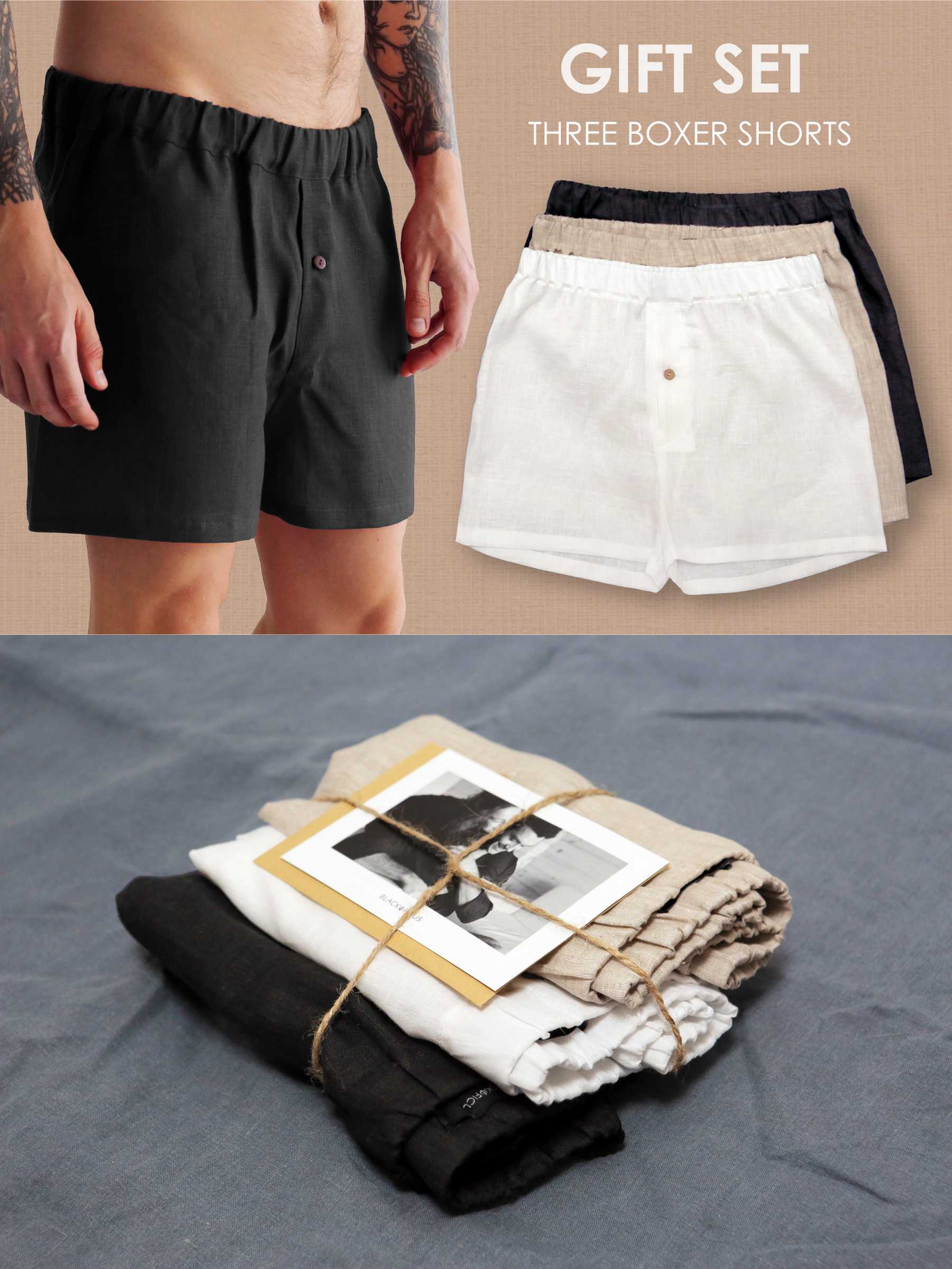 Gift SET of Mens Linen Underwear, Boxer Shorts With Button, Summer