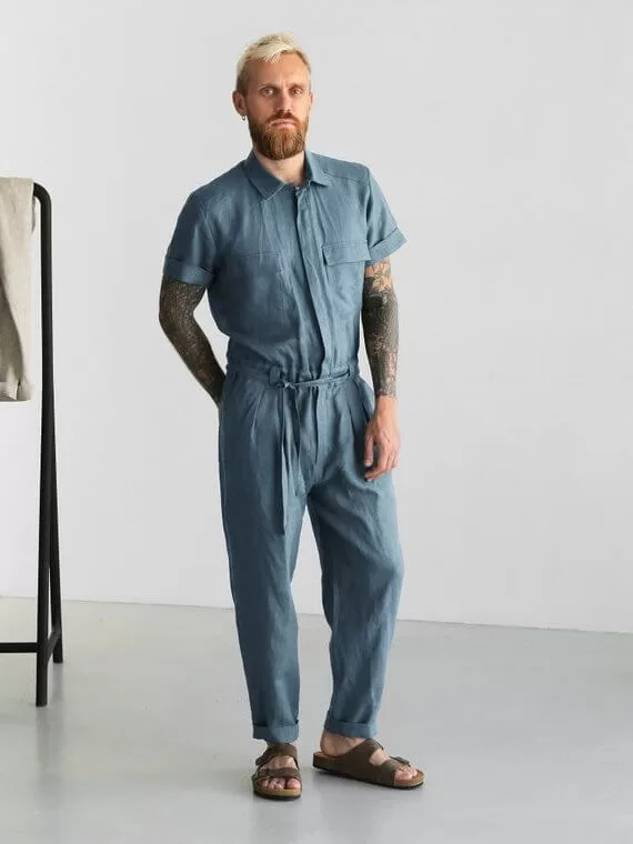 blue-grey linen jumpsuit