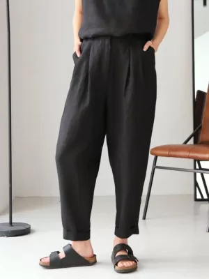 Women's linen pants with pleats - Black Ficus Linen Clothing