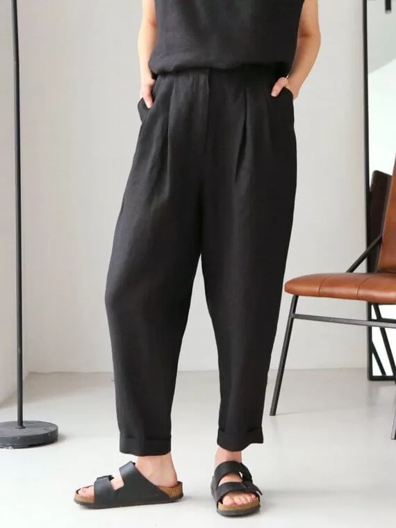 black pleats linen pants