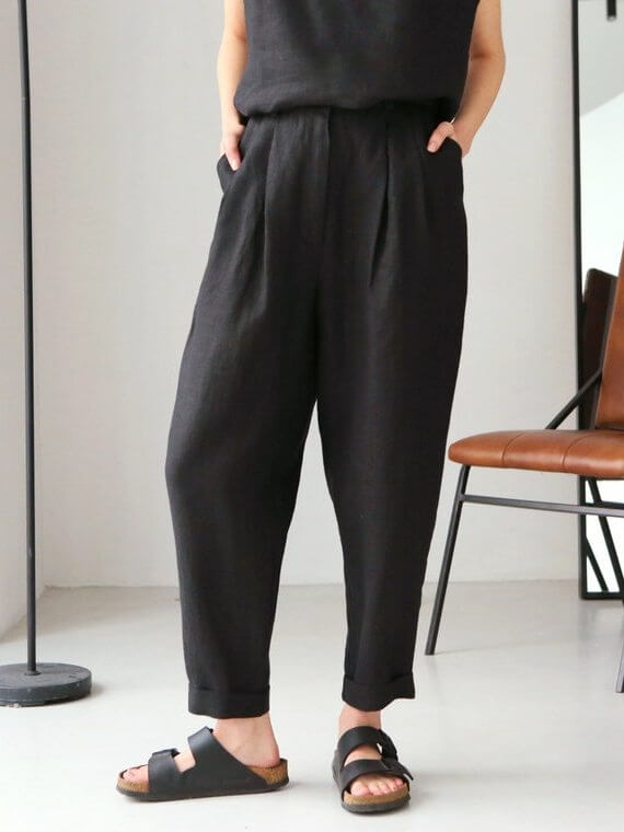 Women’s linen pants with pleats - Black Ficus Linen Clothing