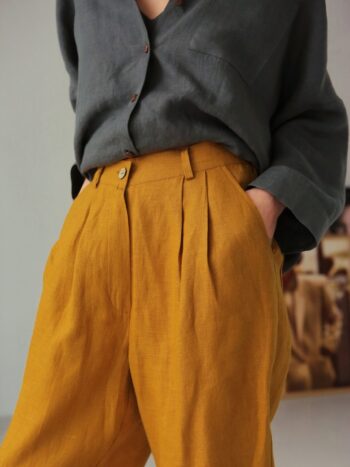 mustard linen pants with pleats