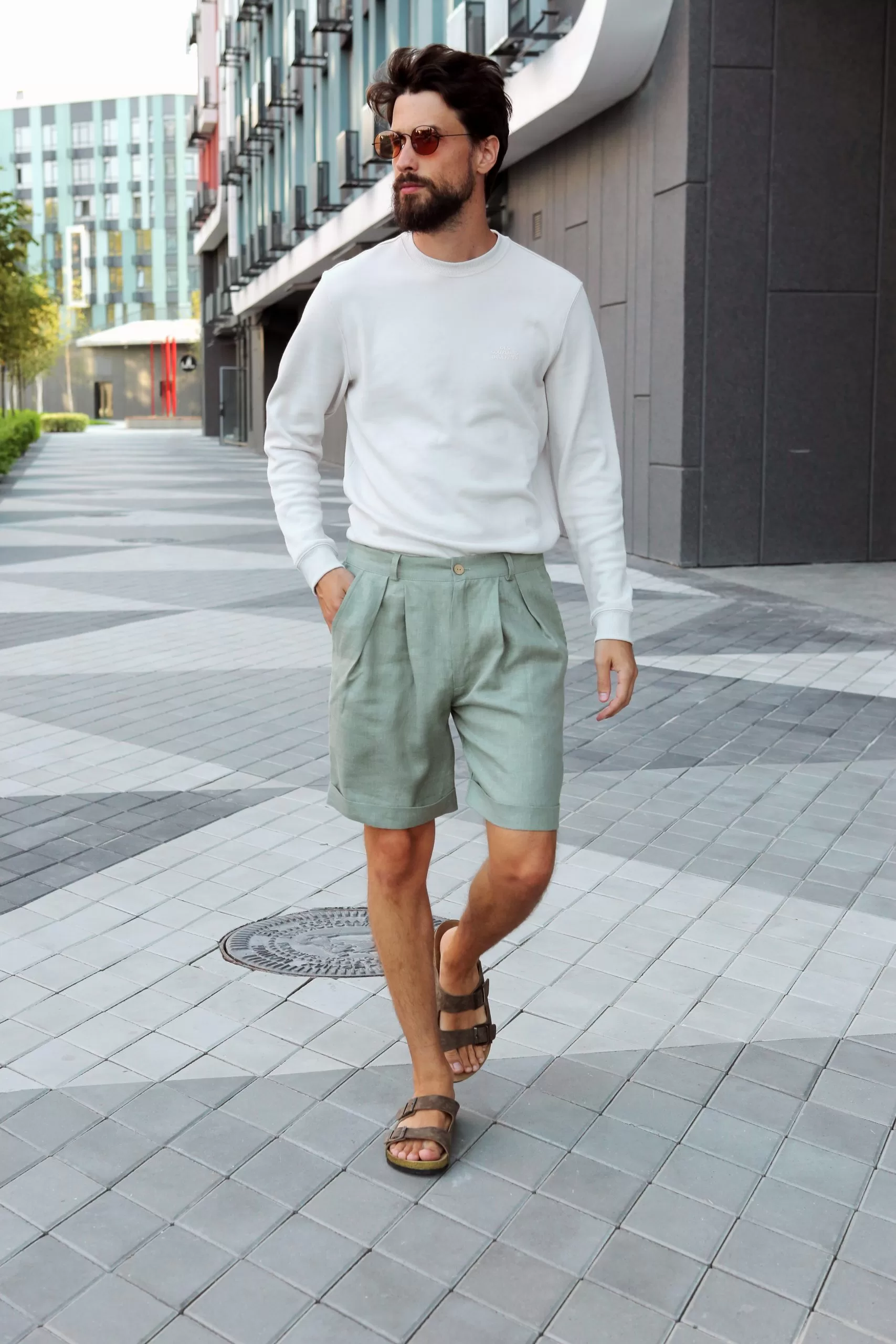 Men’s linen shorts with pleats - Black Ficus Linen Clothing