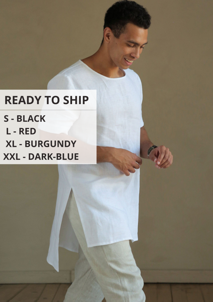 READY TO SHIP Men's Long Linen T-Shirt - Black Ficus Linen