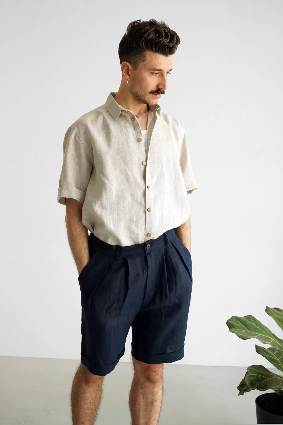 Men's linen shorts with pleats - Black Ficus Linen Clothing