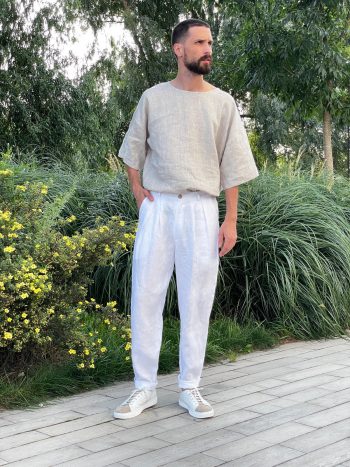 white linen pleated pants