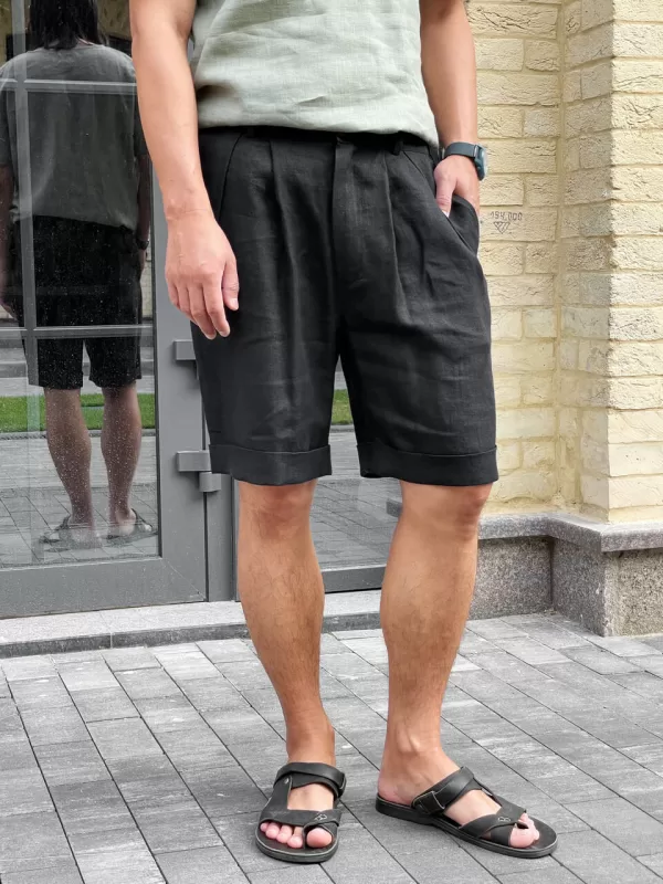black pleated linen shorts
