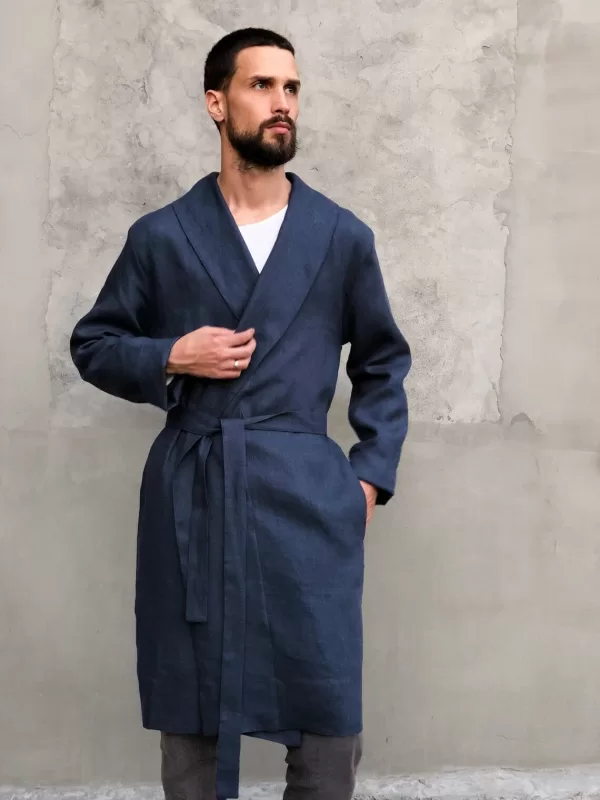 dark-blue linen bathrobe