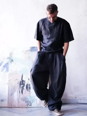 Men's linen cargo pants - Black Ficus Linen Clothing
