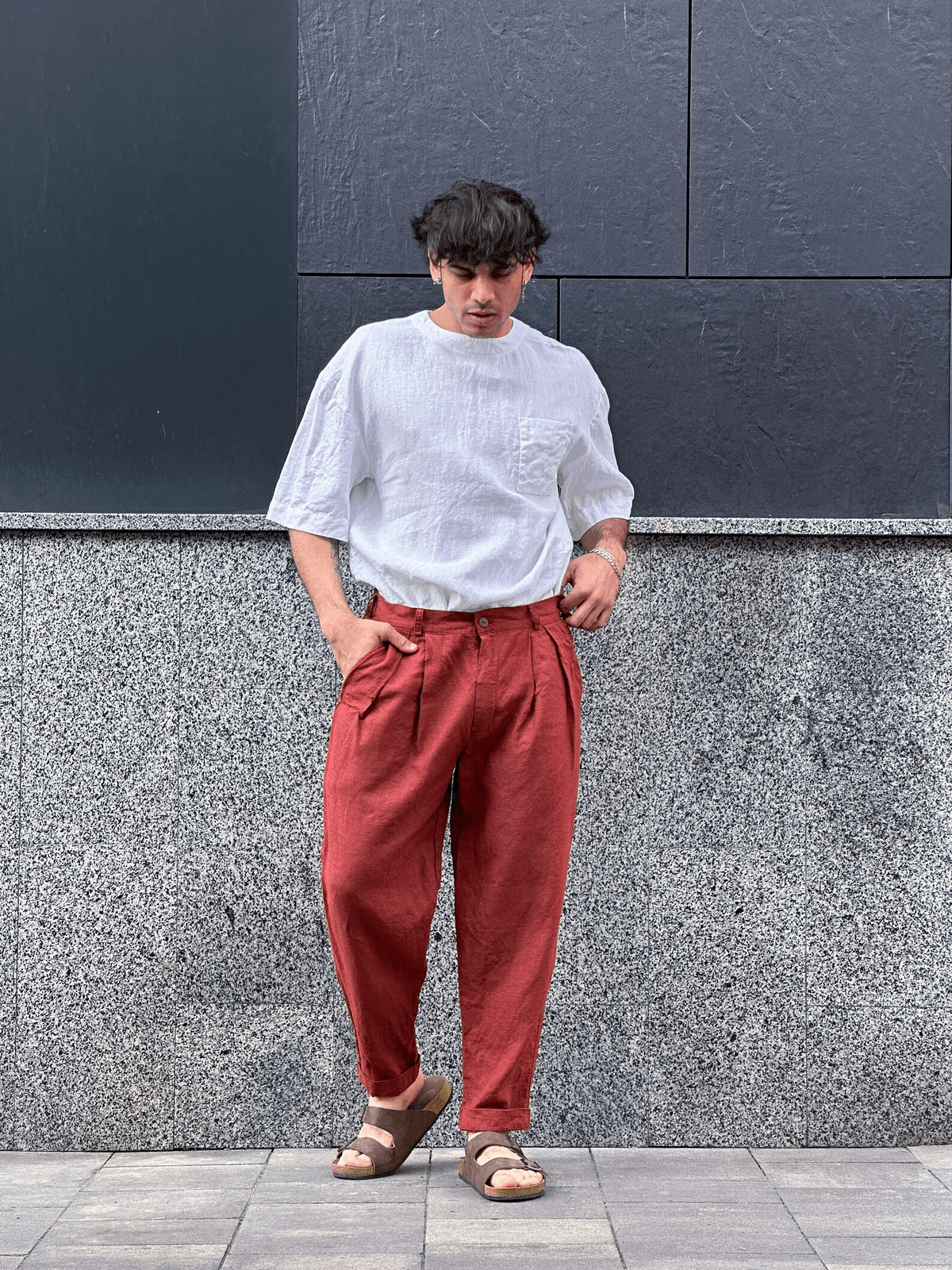 Buy Red Cotton Flax Trouser Pants Online - Aurelia