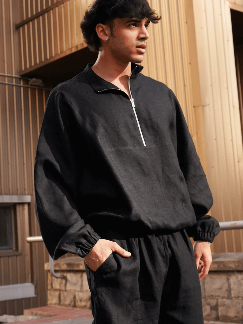 Men's oversized linen sweatshirt with wide sleeves - Black Ficus Linen  Clothing