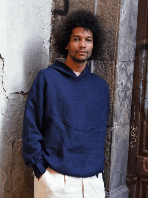 dark-blue linen hoodie