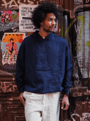 dark-blue linen hoodie