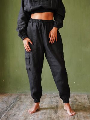 cargo womens black linen pants
